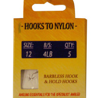 A PACK OF 5 BARBLESS HOOKS TO NYLON WITH PASTE COIL 4LB BREAKING STRAIN (SIZE 12)